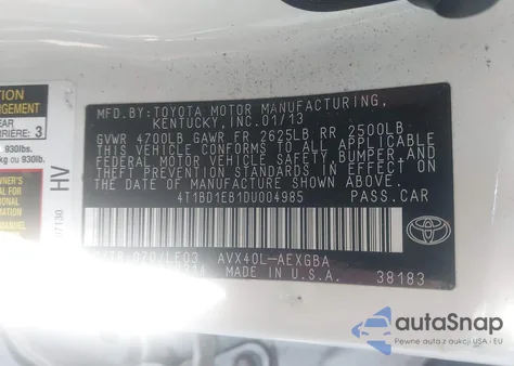 2013 Toyota Avalon Hybrid Xle Touring from USA, damaged, VIN 4T1BD1EB1DU004985